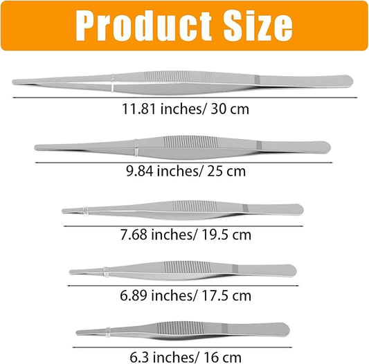 5 Pcs Stainless Steel Tweezers, Long Cooking Tweezers for Crafts with Precision Serrated Straight Tips, Non-slip Kitchen Tweezer for Crafting Baking Tank Aquarium Terrarium (16/17.5/19.5/25/30cm)