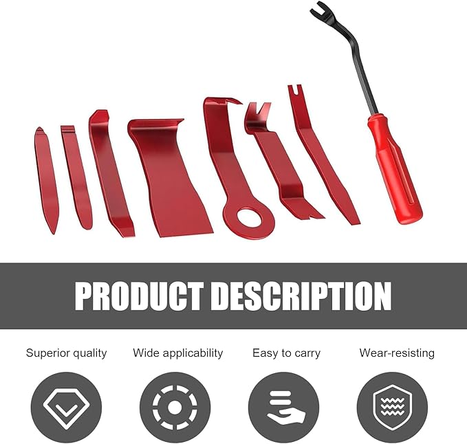 8 PCS Car Trim Removal Tool Kit, Panel Fastener Clips Removal Tool, Vehicle Plastic Upholstery Crowbar for Removing Car Audio, Dashboard, Window Trim Fastener (Red)