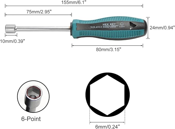 Utoolmart Socket Wrench Screwdriver, 6mm Non-Magnetic Tip Hex Nut Driver, Socket Driver Hex Nut Key Wrench Screwdriver, with 75mm Cr-V Steel Round Shaft, Screwdriver Nutdriver Hand Tool