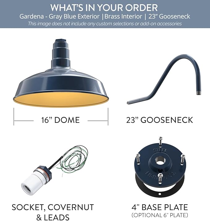 Steel Lighting Co. | Dusk to Dawn | Gardena Barn Light | Outdoor Wall Mounted | 16" Dome | 23" Gooseneck | Farmhouse Light Made in America | Gray Blue/Brass