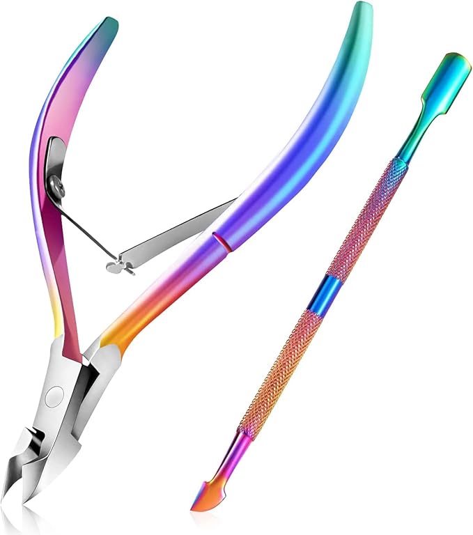 Easkep Cuticle Trimmer with Cuticle Pusher, Cuticle Remover Professional Stainless Steel Cuticle Cutter Nippers Rainbow Sharp Sturdy Pedicure Manicure Tools for Fingernails and Toenails 1
