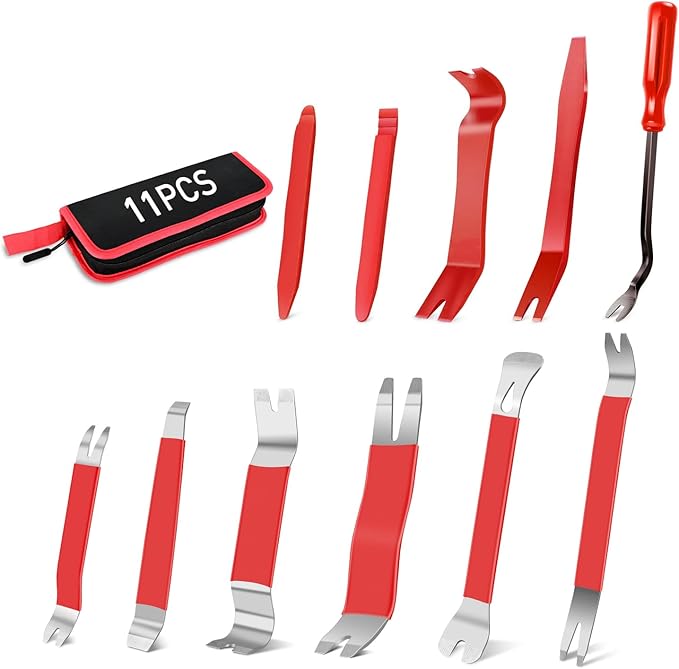 GOOACC 11PCS Trim Removal Tool Kit, Metal & Nylon Pry Tools Set for Car Door Panel, Dashboard, Audio, Clips, Fastener Remover w/Storage Box ??Red