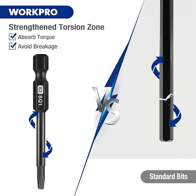 WORKPRO 10pcs Square Bit Set, CNC Machined S2 Steel Magnetic Screwdriver Bits Set, 1/4 Inch Hex Shank Driver Bits, 2.3 Inch Long Screwdriver Bits Set with Storage Box