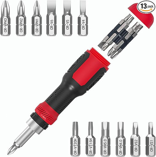 Ratcheting Screwdriver Bit Set, WOOPHEN 13-in-1 Multi Bit Ratchet Screw with Magnetic 1/4 Nut Driver Screwdriver, Suitable for Garage, Home, Workplace and DIY Repair (Red)