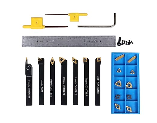 Accusize Industrial Tools 7 Pieces/Set 1/4'' Indexable Carbide Turning Tool Set with 10 Extra Carbide Inserts and 1 pc 6'' Rigid Steel Ruler in Fitted Box