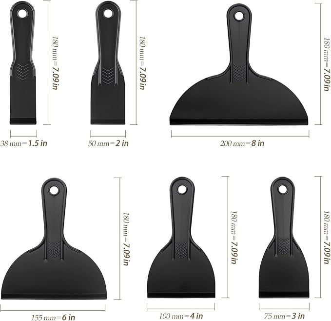 24 PCS Putty Knife Set, 6 Sizes Plastic Putty Knife Scraper, Flexible Plastic Paint Scraper Tool for Spackling, Wallpaper Scraper Tool, Black