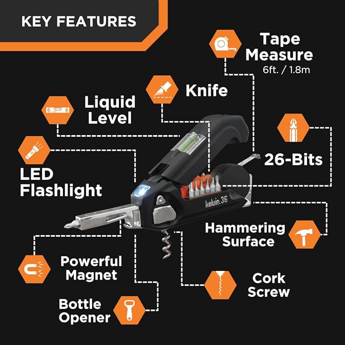 Kelvin Tools - Kelvin 36 Urban Multi Tool Screwdriver Set - All in One Hand Tool With 26 Interchangeable Bits, Tape Measure, Liquid Level, Hammer, Flashlight, Corkscrew and Magnetic Tip