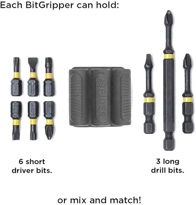 Spider Tool Holster - BitGripper v2 - Pack of Four - High Strength 3M Adhesive Drill add-on for Easy Access to six Driver bits on The Side of Your Power Drill or Driver!