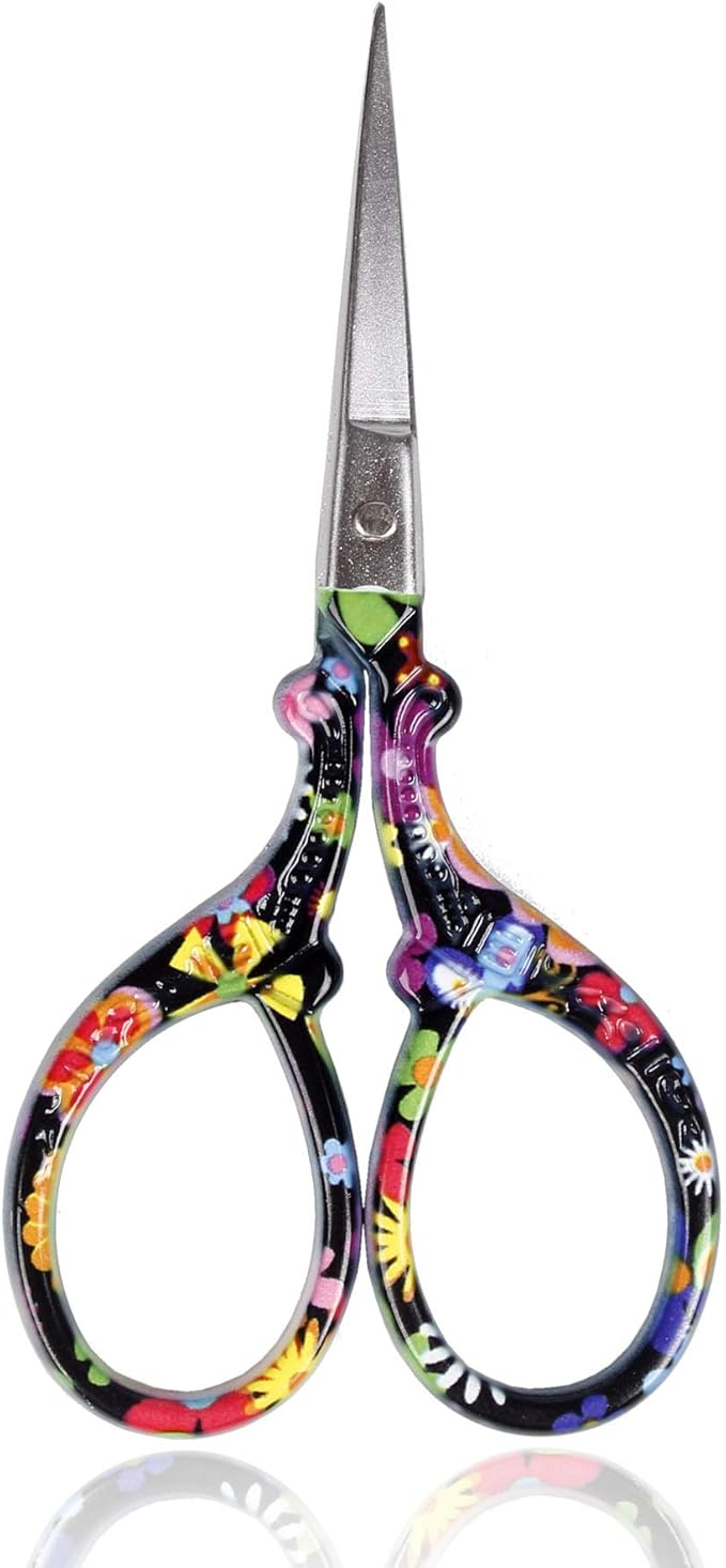 BIHRTC 3.6 Inch Scissors Small Embroidery Sharp Stainless steel Pointed Scissors Cross Stitch DIY Tool for Sewing Craft Needwork Needpoint Artwork Black Flower Scissor