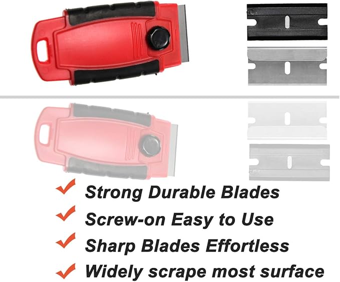 Plastic Razor Blade Scraper Hand Held Window Vinyl Tint Scraper with Protective Cover Razor Blade Red Scraper,10 Metal Razor Blades 10 Black Plastic Scraper Blades Removal Scraping Tool Kit