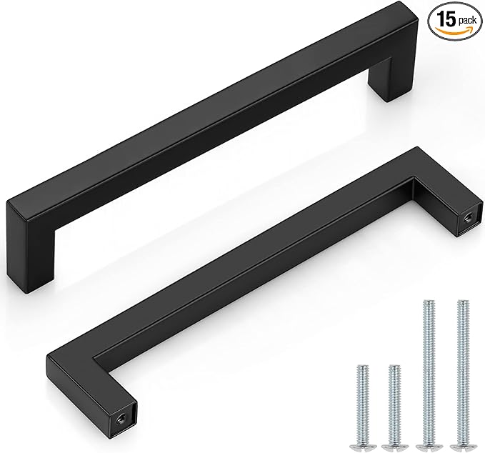 Probrico 15 Pack 6-3/10 inches Hole Centers Cabinet Pulls Black Drawer Handles - Kitchen Cabinet Handles Modern Suqare Bar Pulls Stainless Steel Cabinet Hardware for Dresser Bathroom Bedroom Laundry