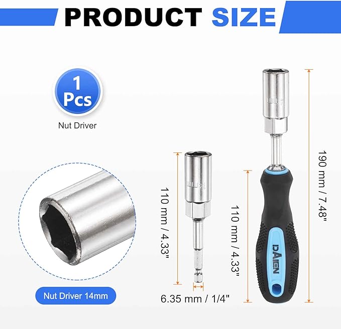 HARFINGTON Metric Nut Driver 14mm CR-V Non-Magnetic Detachable Tip Hollow Shafts Hex Socket Screwdriver with Anti-Slip Handle for Automobile Repair Bit Driver, Blue/Black