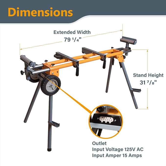 POWERTEC Portable Miter Saw Stand w/ Quick-release Mounting Brackets, 330Lbs Load Capacity, 8" Wheels and 3-Prong Tripple Outlets, Folding Design for Easy Storage in Garage - Orange (MT4000V)