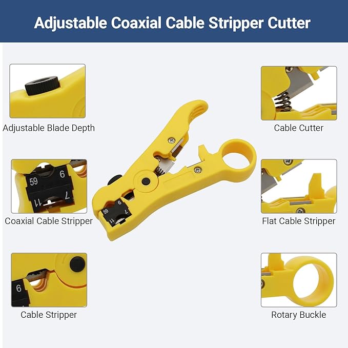 Coax Cable Crimper and F RG6 RG59 Connectors 30Pcs F Male And 10Pcs Female to Female with Coaxial Compression Tool Kit Wire Stripper