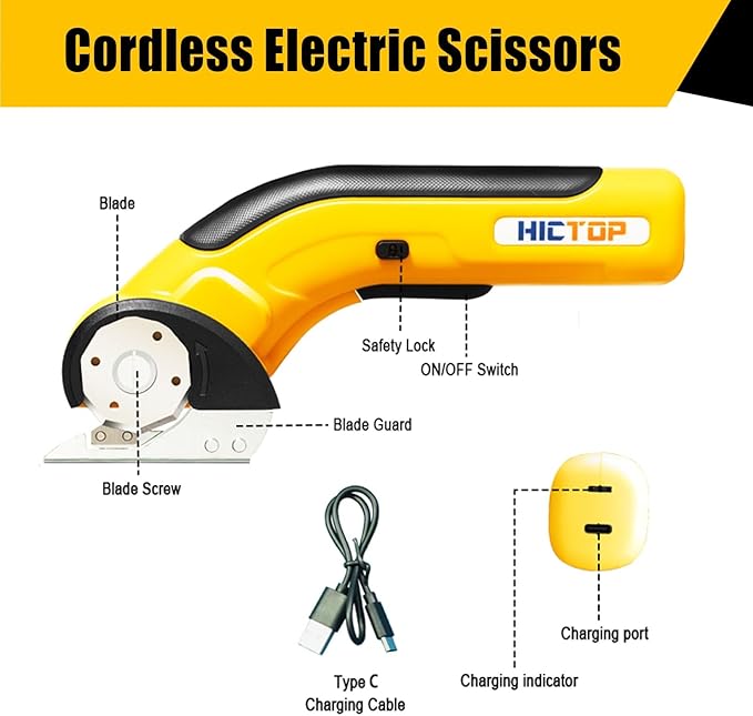 HICTOP Electric Scissors Cordless Cardboard Box Cutter Heavy Duty with Safety Lock 4.2V Rechargeable Electric Scissors for Cardboard, Carpet, Leather, Plastic, Fabric, Crafting, etc.