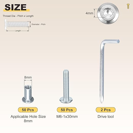 METALLIXITY Furniture Crib Screws Replacement Set with Wrench(M6-1x30mm) 100Pcs, Galvanization Connector Bolts M6 Screw Barrel Nuts Binding Screws, for Chair Cabinet Bed, Silver