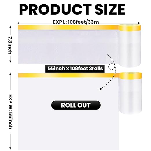 ADHES Pre Taped Masking Film with Adhesive Edge, 55 inch x 108 feet, 3 Rolls No Residue Masking Tape for Painting, Automotive, and DIY Projects Tape and Drape for Floor Furniture Protection