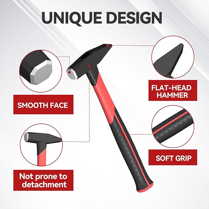 Machinist Engineers Hammer with 376pcs Nails Set, Smooth Face and Forged Steel,Shock-Absorbing Fiberglass Handle, Red and Black Handle Blacksmith Forging Tools 300 grams