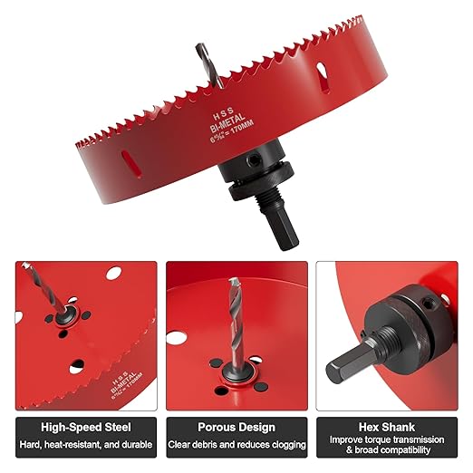 6.7" (170mm) Bi-Metal M42 High Speed Steel Hole Saw with Pilot Drill Bit, Smooth Cutting Edge for PVC, Drywall, Wood, Plastic, Gypsum Board, Rubber, Thin Metal