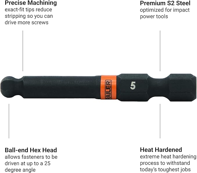 Railer Hex 3/16" Impact Driver Bit - 5 Pack (Hex Shank, S2 Steel, 2" Length)