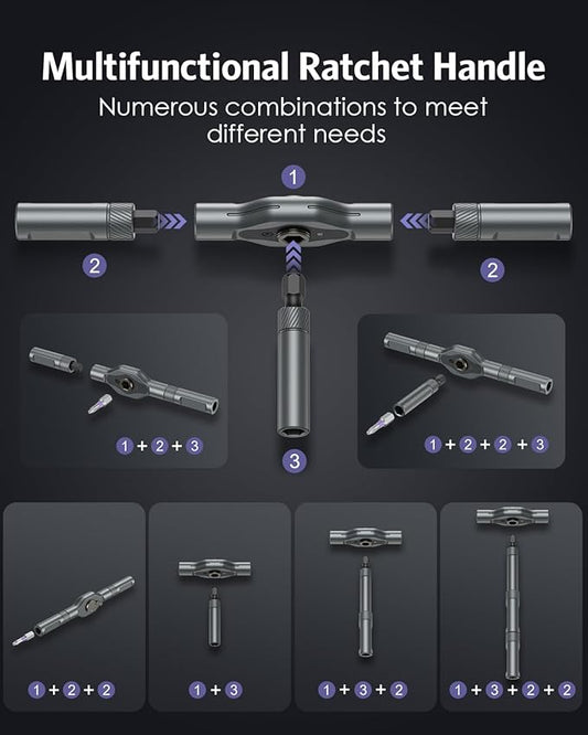 43 in 1 Ratchet Screwdriver Set with T-Handle, Magnetic Screwdriver Kit with 40 S2 Steel Bits, Precision Ratchet Wrench, Metal Pry Bar, Repair Tool Kit for Electronics Furniture Bike Home DIY