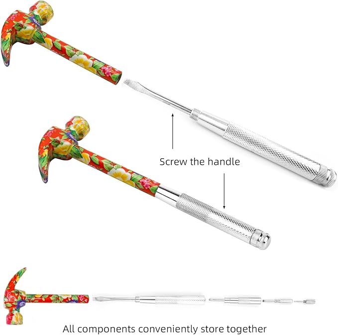 YOUMI 6 in 1 Multifunctional Floral Hammer & Screwdriver Tool for Christmas, Birthday, Valentine's Day Best Gift (Red)