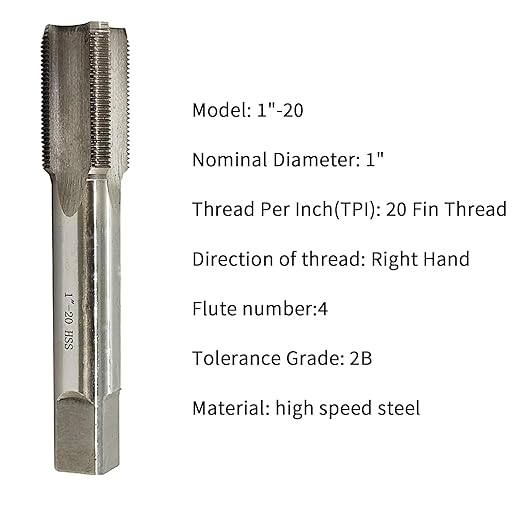 Lzcdelyxiao 1"-20 Tap UNEF Right Hand Straight Flute Thread Tap Machine Tap 1"-20 TPI Nominal Diameter 1" Thread Per Inch 20 Fin Thread Tolerance Grade 2B Tapping Thread High Speed Steel HSS