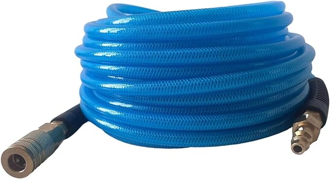Air Hose 1/4 in x 100 ft, Polyurethane(PU), Reinforced Air Compressor Hose, Lightweight, Kink Resistant with 1/4??Industrial High Flow Quick Coupler&Plug, Bend Restrictors,300 PSI (100FT, White Blue)