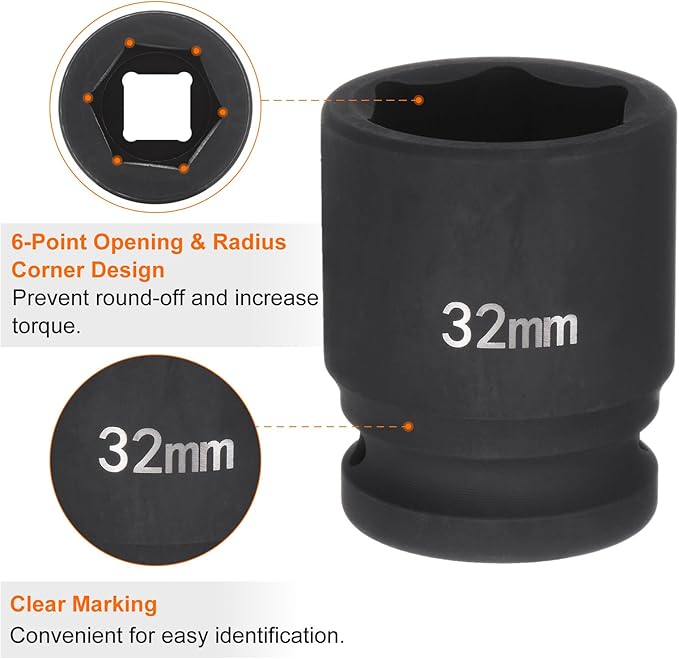 HARFINGTON 6-Point Impact Socket 3/4" Drive 32mm Metric 40Cr Alloy Steel Spindle Axle Nut Impact Socket