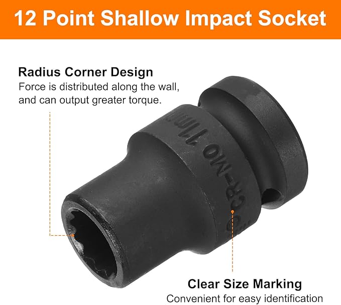uxcell 1/2" Drive x 11mm Shallow Impact Socket 12-Point Metric CR-MO Steel Nut Impact Grade Socket for Auto Repair
