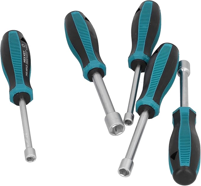 8Pcs Hex Nut Driver Set, 7mm-14mm Chrome Vanadium Alloy Steel Deep Hole Socket Wrench Screwdriver with Non-Slip Handle Screw Fastening Tool, with PE Bag Packaging