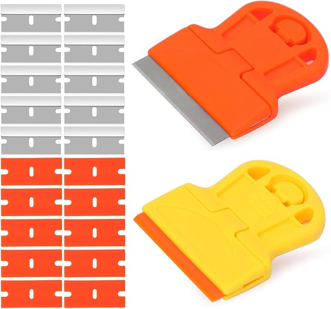 2 Pack Razor Blade Scraper Plastic Razor Blade Scraper Scraper Tool with Extra 10 Plastic Razor Blades and 10 Metal Blades for Adhesive Remover Removing Labels Stickers Taping on Glass Windows