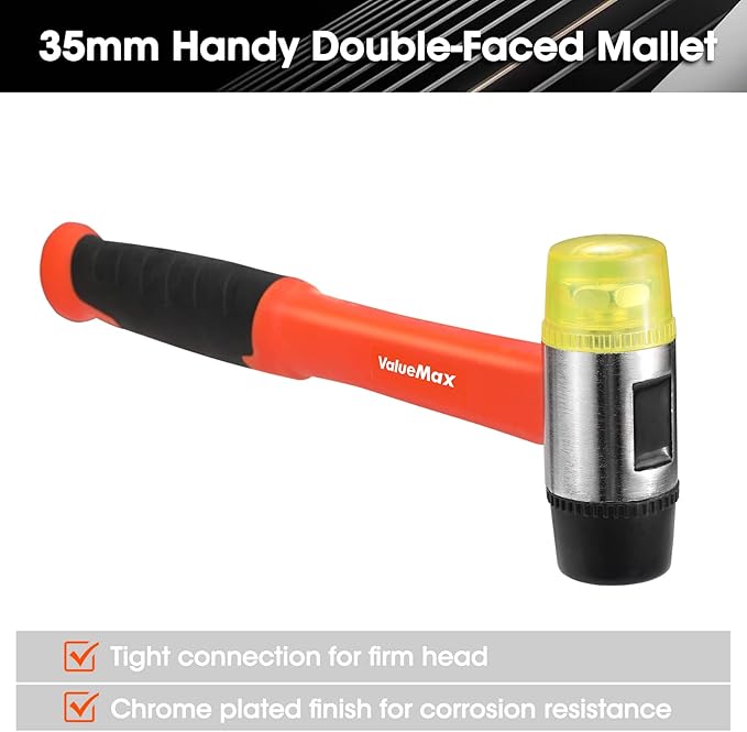 ValueMax Rubber Mallet, 16oz Rubber Mallet Hammer And 35mm Double-Faced Soft Hammer, Fiberglass Handle With TPR Grip, Solid Head, 2 Piece Black Set