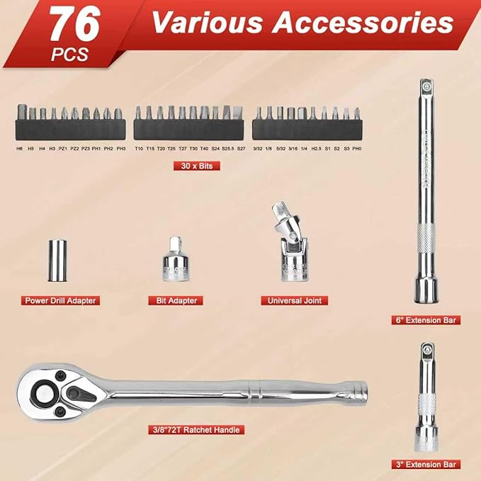 3/8??Drive Socket Set, 76 Pieces Ratchet Wrenches Set, Standard and Deep Metric (8 to 19mm)/SAE (5/16 to 3/4 inch) Size, with 72-Tooth Ratchet for Auto Repairing and Household, with Storage Case