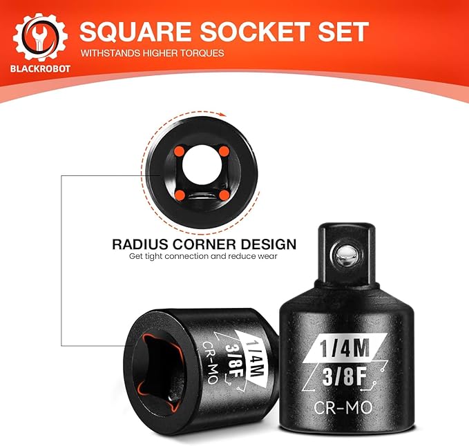 BLACKROBOT 2 Piece 3/8?쒯 To 1/4?쒶 Impact Socket Adapter Set,SAE Drive Cr-Mo Steel Exceeds ANSI Standards,Square Drive Reducer for Impact Driver Wrench