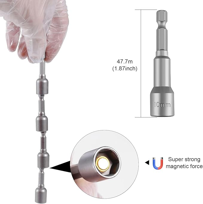 10-Piece Nut Driver Bit Set, 10mm 6-Point Socket 1/4" Hex Shank Nut Setter Drill Bits, Quick-Change Magnetic Extension Socket Drill Bit Holder, 1.89" Length, Metric