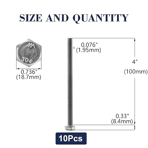 1/2-13 x 4 Hex Head Screw Bolt, 10Pcs 18-8 (304) Stainless Steel, Fully Threaded, Plain Finish, by SG TZH