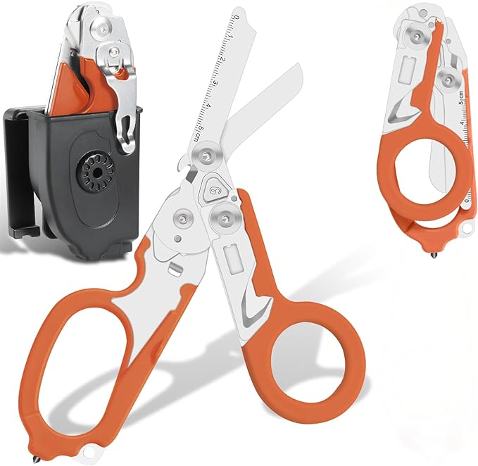 Heavy Duty 6-in-1 Emergency Trauma Shears with Carbide Glass Breaker & Ring Cutter Foldable Stainless Steel Multi-Purpose Scissors for First Responders, Hospital, Home, Camping, Travel Rescue (Orange)