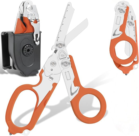 Heavy Duty 6-in-1 Emergency Trauma Shears with Carbide Glass Breaker & Ring Cutter Foldable Stainless Steel Multi-Purpose Scissors for First Responders, Hospital, Home, Camping, Travel Rescue (Orange)