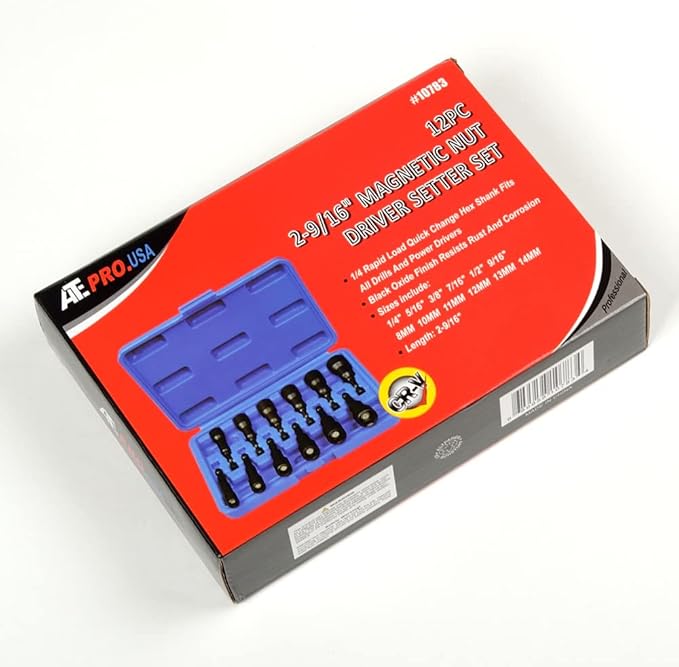 ATE Pro. Tools - 12 Piece Magnetic Nut Driver Set, SAE & Metric, 1/4" Hex Shank, Quick-Change, Premium Impact Power Hex Nut Driver Drill Bit Master Kit, SAE 1/4" to 9/16", Metric 8-14mm, Cr-V Steel
