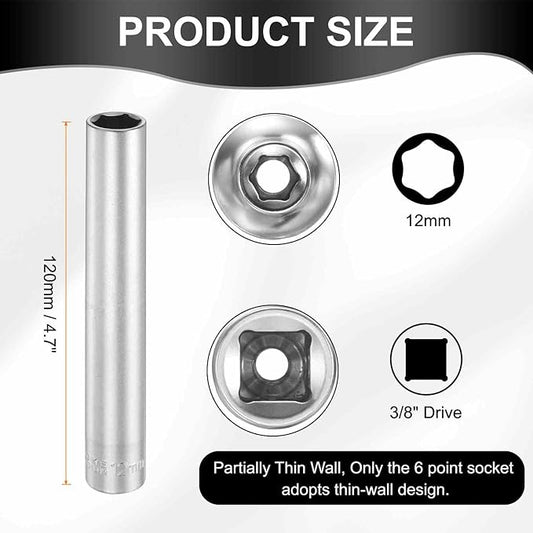 HARFINGTON 2pcs 6 Points Deep Socket 3/8" Drive 12mm Deep Metric CR-V Steel Polished Nickel Plating Flip Sleeve 120mm / 4.7" Extra Long Socket Tool for Home Auto Nuts Bolts Repair
