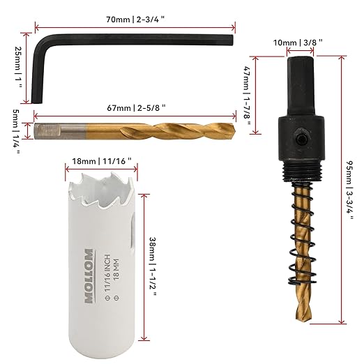Mollom (18mm | 11/16") HSS M42 with 8% Cobalt BI-Metal Hole Saw with 2 Pilot Drill Bits & Arbor Smooth Cutting for PVC,Drywall,Wood,Plastic,Gypsum Board,Rubber