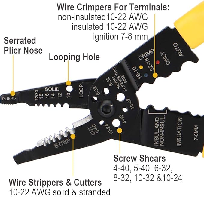 DOWELL Wire Stripping Tool Wire Stripper Crimper Cutter Multifunction 8 Inch 10-22AWG