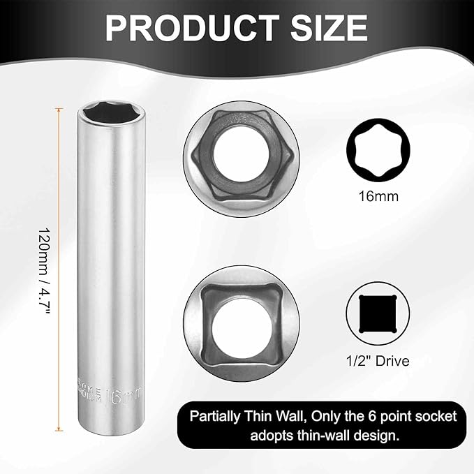 HARFINGTON 2pcs 6 Points Deep Socket 1/2" Drive 16mm Deep Metric CR-V Steel Polished Nickel Plating Flip Sleeve 120mm / 4.7" Extra Long Socket Tool for Home Auto Nuts Bolts Repair
