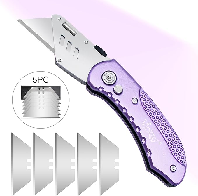 Vickay Folding Utility Knife, Box Cutter with 5 SK5 Quick Change Blades, Safety Axis Lock Design Razor Knife, Lightweight Aluminum Handle Belt Clip for Office Home Artcraft 竊뉽ight Purple)