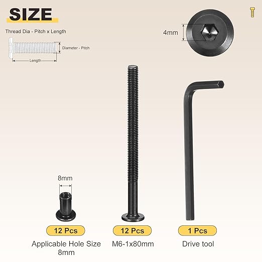 METALLIXITY Furniture Crib Screws Replacement Set with Wrench(M6-1x80mm) 25Pcs, Connector Bolts M6 Screw Barrel Nuts Binding Screws, for Chair Cabinet Bed, Black