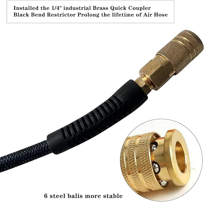 Air Hose 1/4 in x 100 ft, Polyurethane(PU), Reinforced Air Compressor Hose, Lightweight, Kink Resistant with 1/4??Industrial High Flow Quick Coupler and Plug, Bend Restrictors,300 PSI (Black, 100FT)