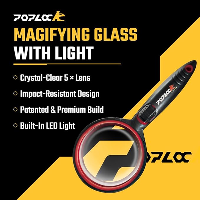 Poplock Lighted Magnifying Glass with LED, Anti-Distortion 3X Optical Lens for Reading and Work, Taiwan Made, Red