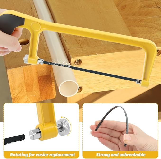 6 Inch Mini Hacksaw and Mitre Block Set, Adjustable Miter Box and Saw Set with 2 Spare Blades, Aluminum Cutting Saw Hack Saws for Woodworking, Hacksaw, Metal Cutting (Yellow)