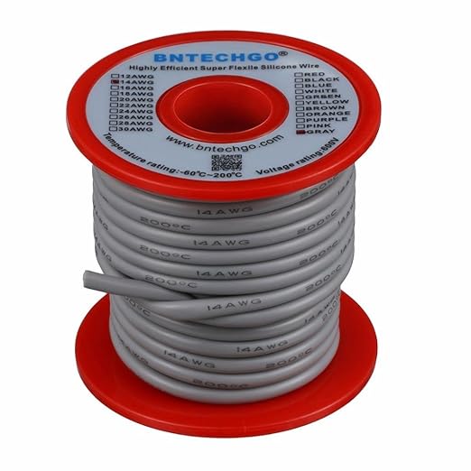 BNTECHGO 14 Gauge Silicone Wire Spool 40 ft Gray Flexible 14 AWG Stranded Tinned Copper Wire